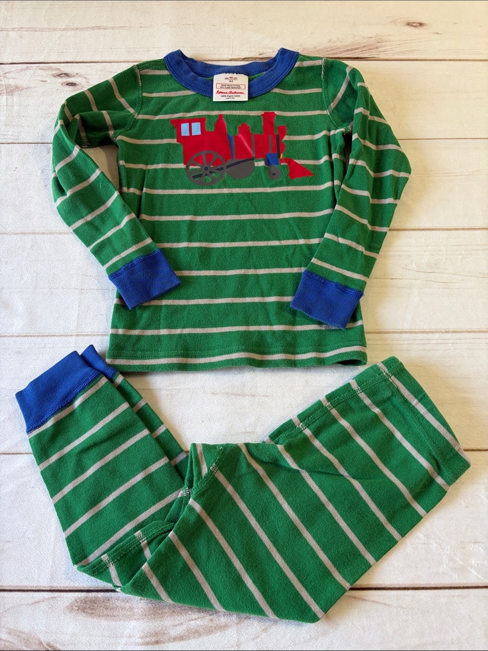 Hanna Andersson Green Striped Train Pajama Set with Blue Trim